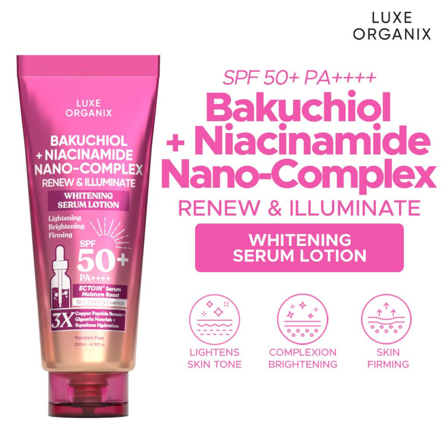 Luxe Organix Bakuchiol + Niacinamide Nano-Complex Renew & Illuminate Whitening Serum Lotion (200ml)