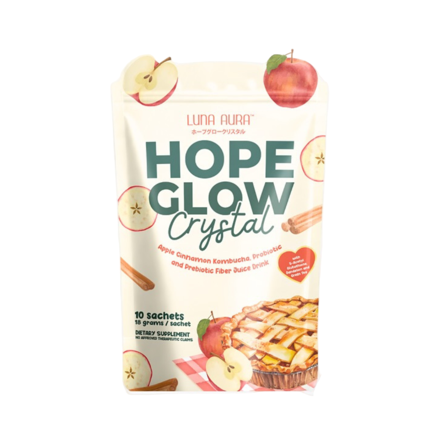 Luna Aura Hope Glow Crystal Apple Cinnamon Kombucha Probiotic & Prebiotic Fiber Juice Drink