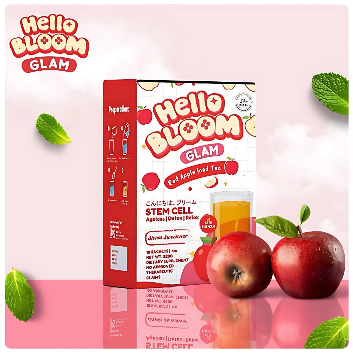 Hello Bloom Glam Stem Cell Red Apple Iced Tea Powder Drinks (10 Sachets - 18g) 180g