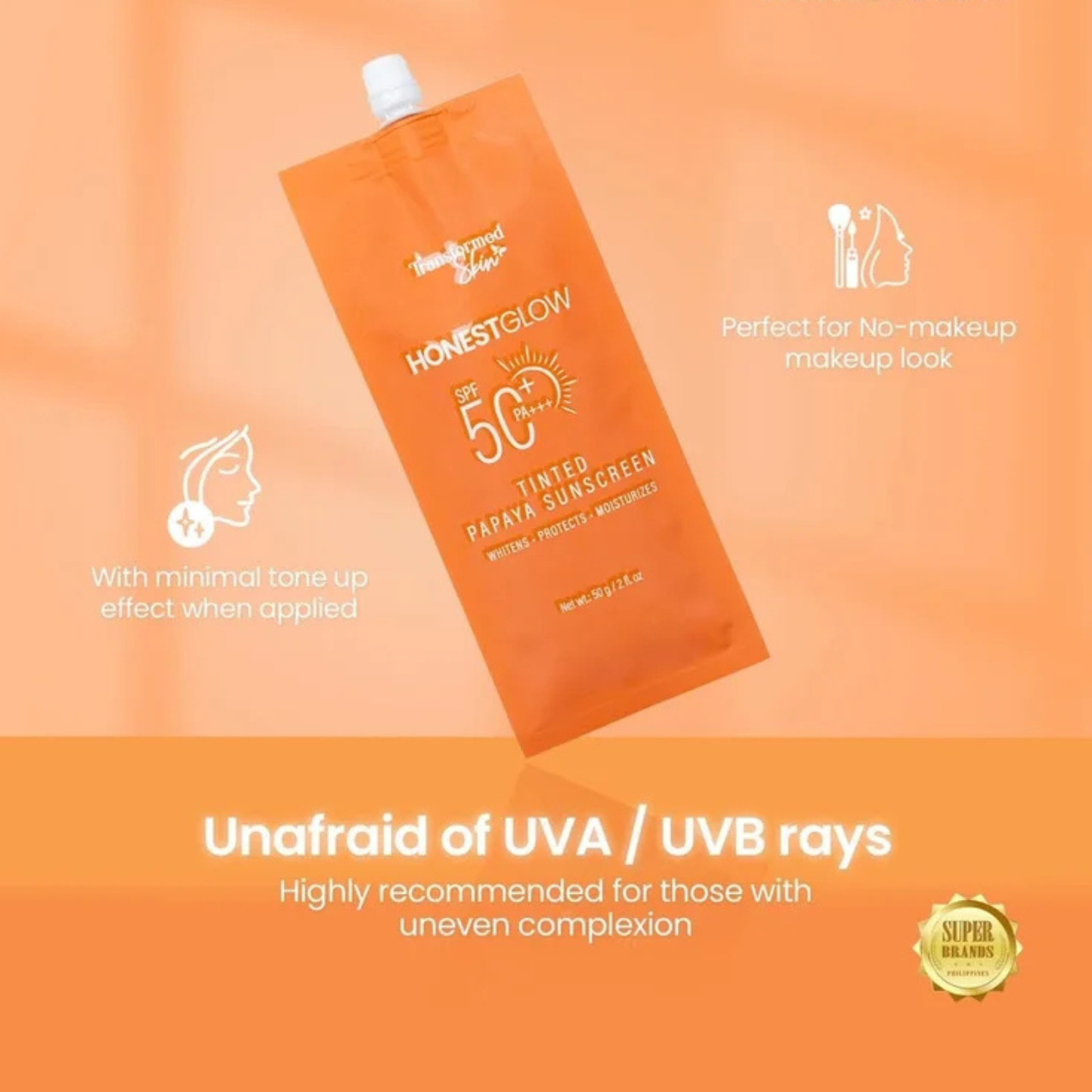 Transformed Skin - Honest Glow SPF50 PA+++ Tinted Papaya Sunscreen Whitens - Protects - Moisturizes