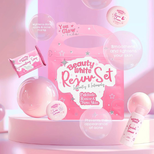 You Glow Babe Beauty White Rejuvenating Set displayed on a pink background with product features highlighted.